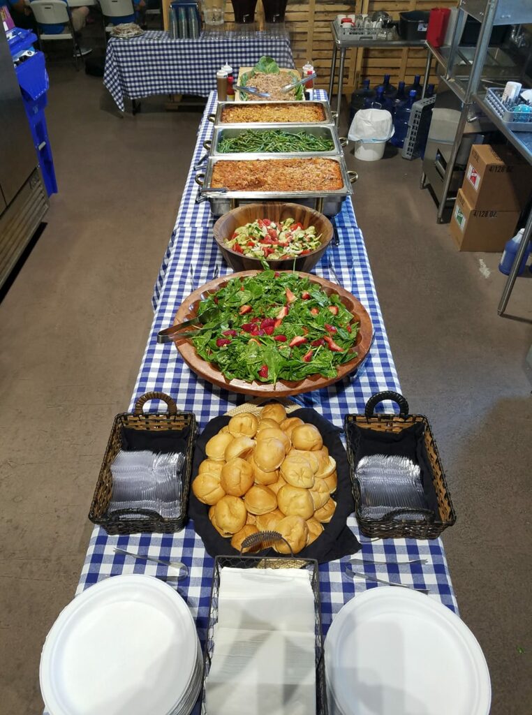 catering table with lots of food